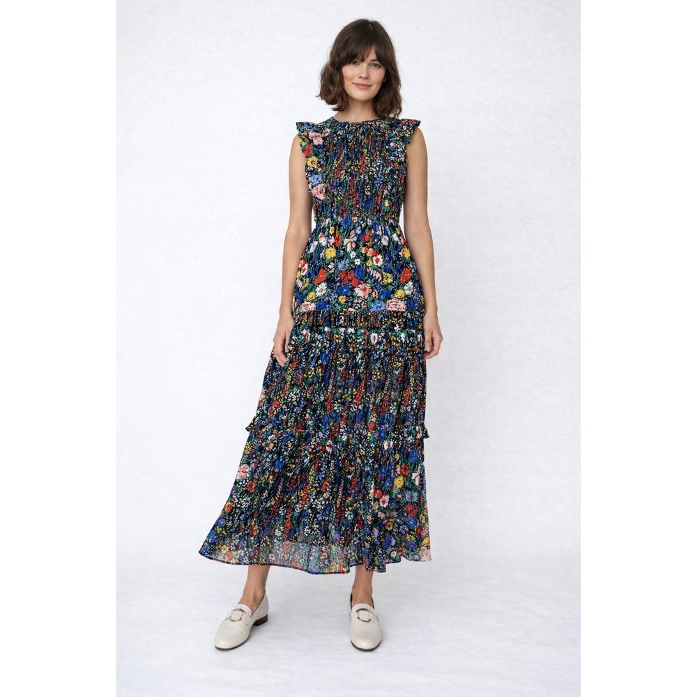 Banjanan Dress Iris Dawn Chorus Floral Smocked Ruffle Tiered‎ Maxi Black XL READ